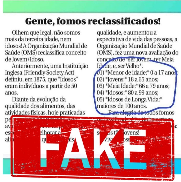 É #FAKE que OMS mudou classificação de idoso para pessoa com 80 anos ou  mais, CoronaVírus