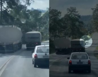 VÍDEO – Carreta frigorífica é flagrada realizando ultrapassagem perigosa na BR-470, no Vale do Itajaí