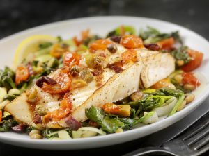 Grilled Halibut with Capers,Olives and Tomatoes