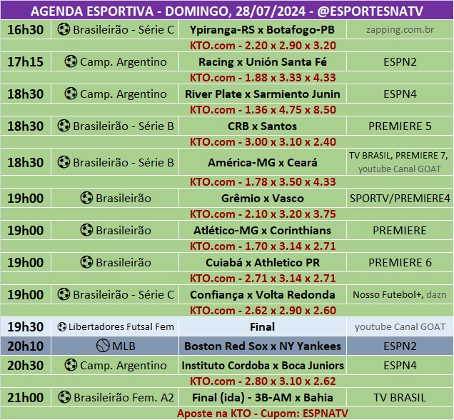 Confira a agenda esportiva mundial para esse domingo, 28 de julho