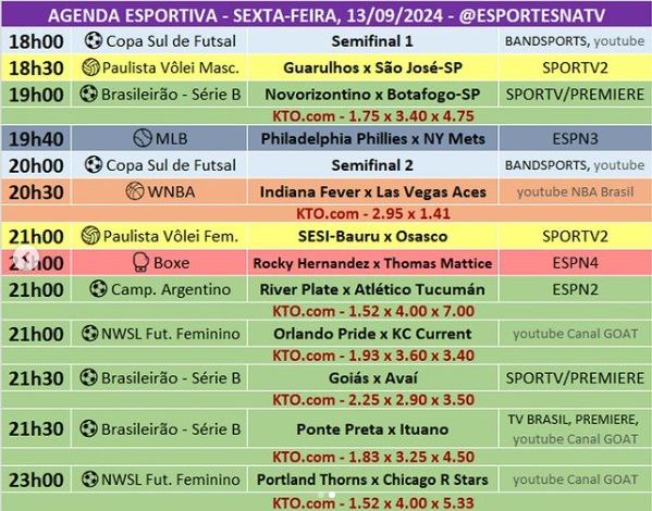 Confira a agenda esportiva mundial para essa sexta-feira, 13 de setembro