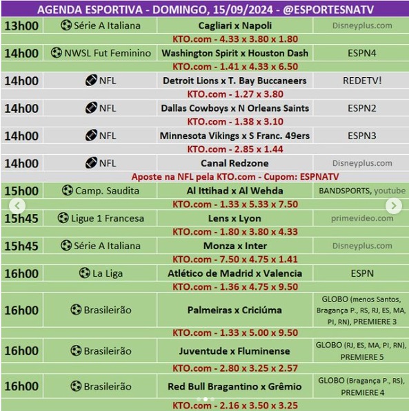 Confira a agenda esportiva mundial para esse domingo, 15 de setembro