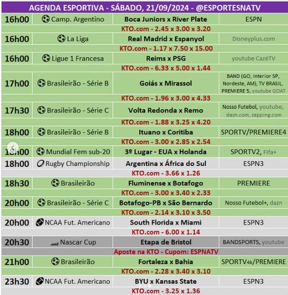 Confira a agenda esportiva mundial para esse sábado, 21 de setembro