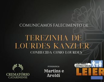 Plano Leier e Funerária Martins e Aroldi informam o falecimento de Terezinha de Lourdes Kanzler, conhecida como Lourdes