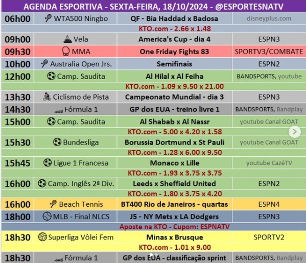 Confira a agenda esportiva mundial para essa sexta-feira, 18 de outubro