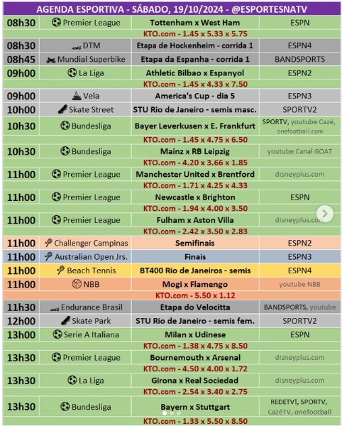 Confira a agenda esportiva mundial para esse sábado, 19 de outubro