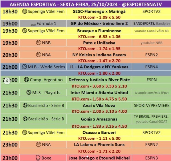 Confira a agenda esportiva mundial para essa sexta-feira, 25 de outubro