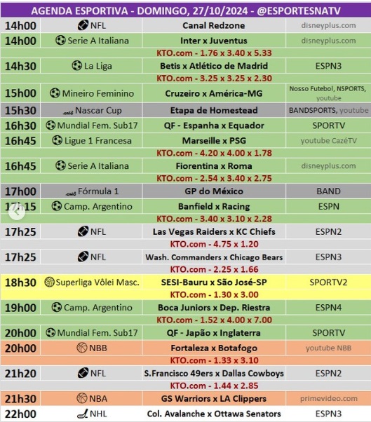 Confira a agenda esportiva mundial para esse domingo, 27 de outubro