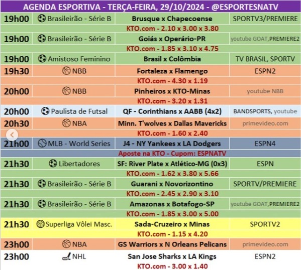 Confira a agenda esportiva mundial para essa terça-feira, 29 de outubro