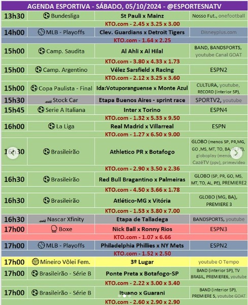 Confira a agenda esportiva mundial para esse sábado, 5 de outubro