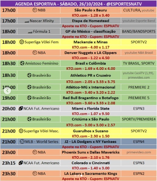 Confira a agenda esportiva mundial para esse sábado, 26 de outubro