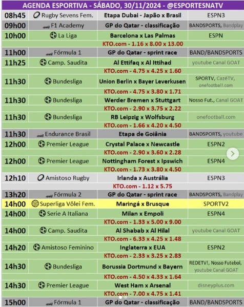 Confira a agenda esportiva mundial para esse sábado, 30 de novembro