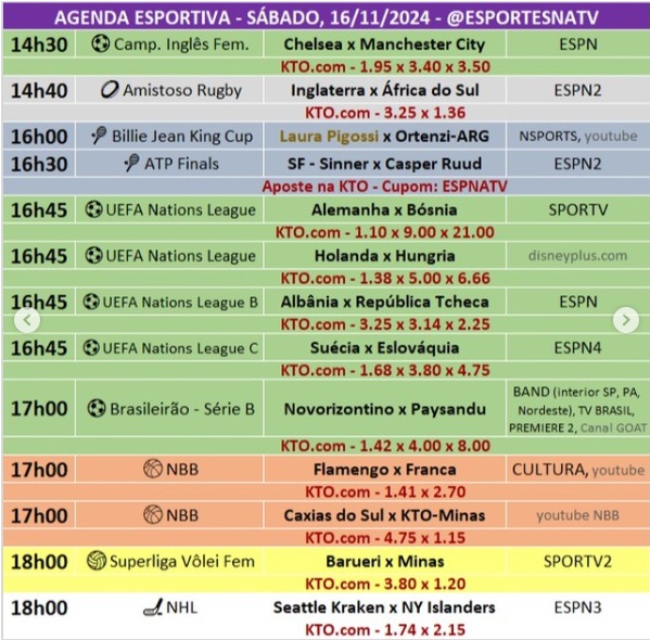 Confira a agenda esportiva mundial para esse sábado, 16 de novembro