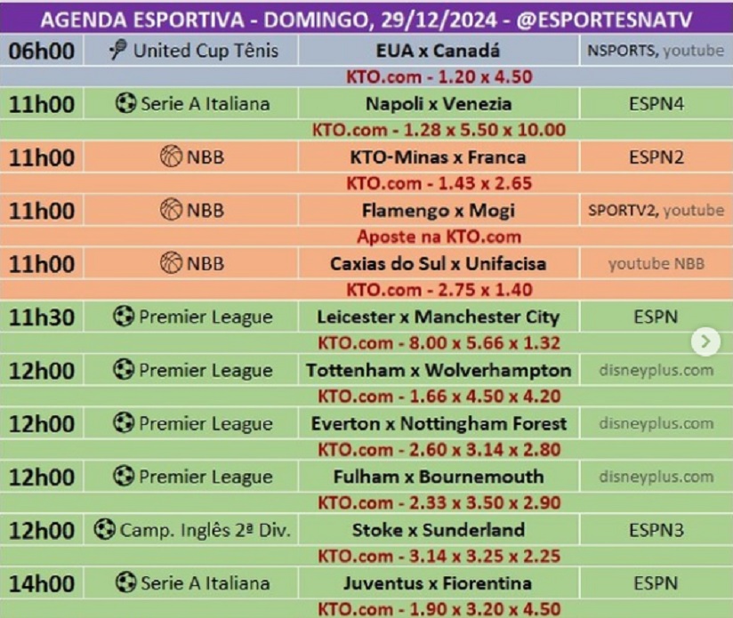 Confira a agenda esportiva mundial para esse domingo, 29 de dezembro