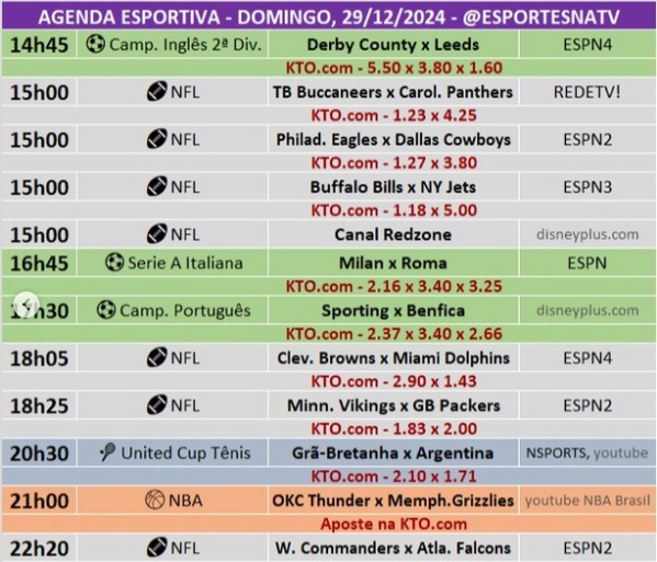 Confira a agenda esportiva mundial para esse domingo, 29 de dezembro