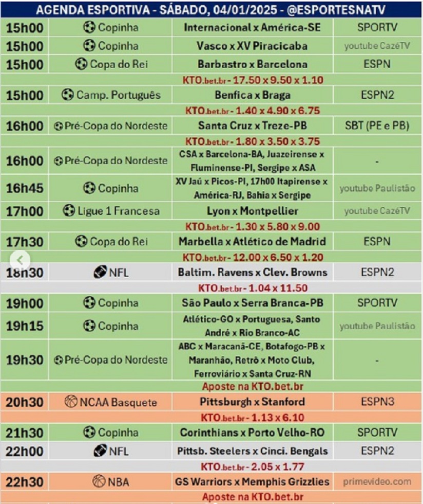 Confira a agenda esportiva mundial para esse sábado, 4 de janeiro