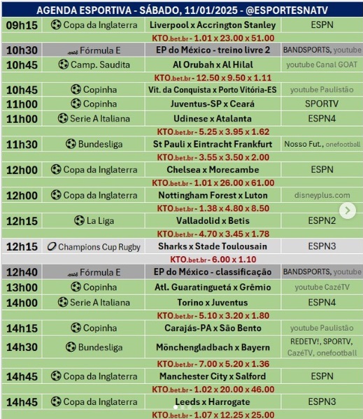 Confira a agenda esportiva mundial para esse sábado, 11 de janeiro