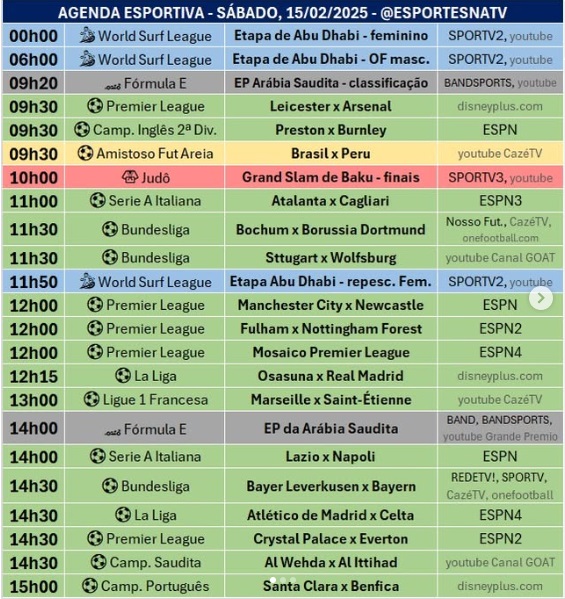 Confira a agenda esportiva mundial para esse sábado, 15 de fevereiro