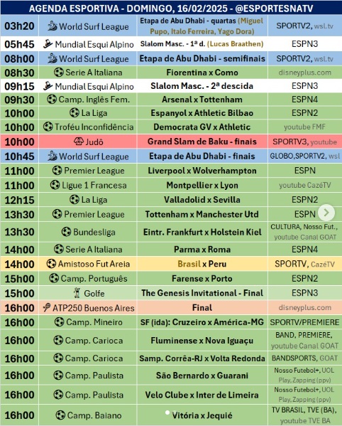 Confira a agenda esportiva mundial para esse domingo, 16 de fevereiro