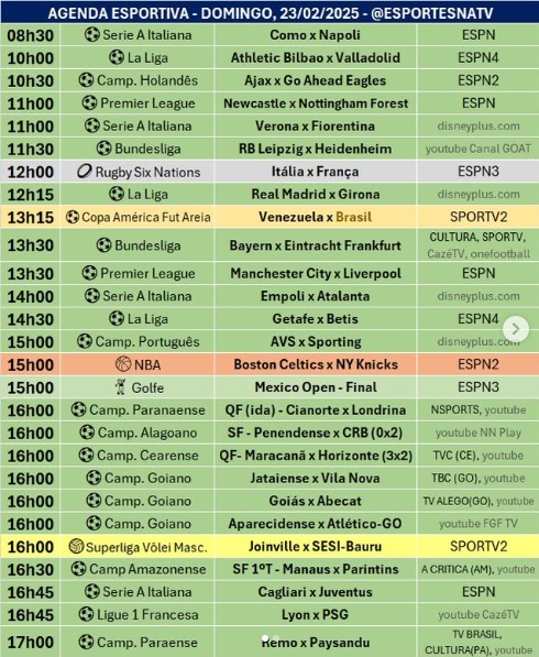 Confira a agenda esportiva mundial para esse domingo, 23 de fevereiro