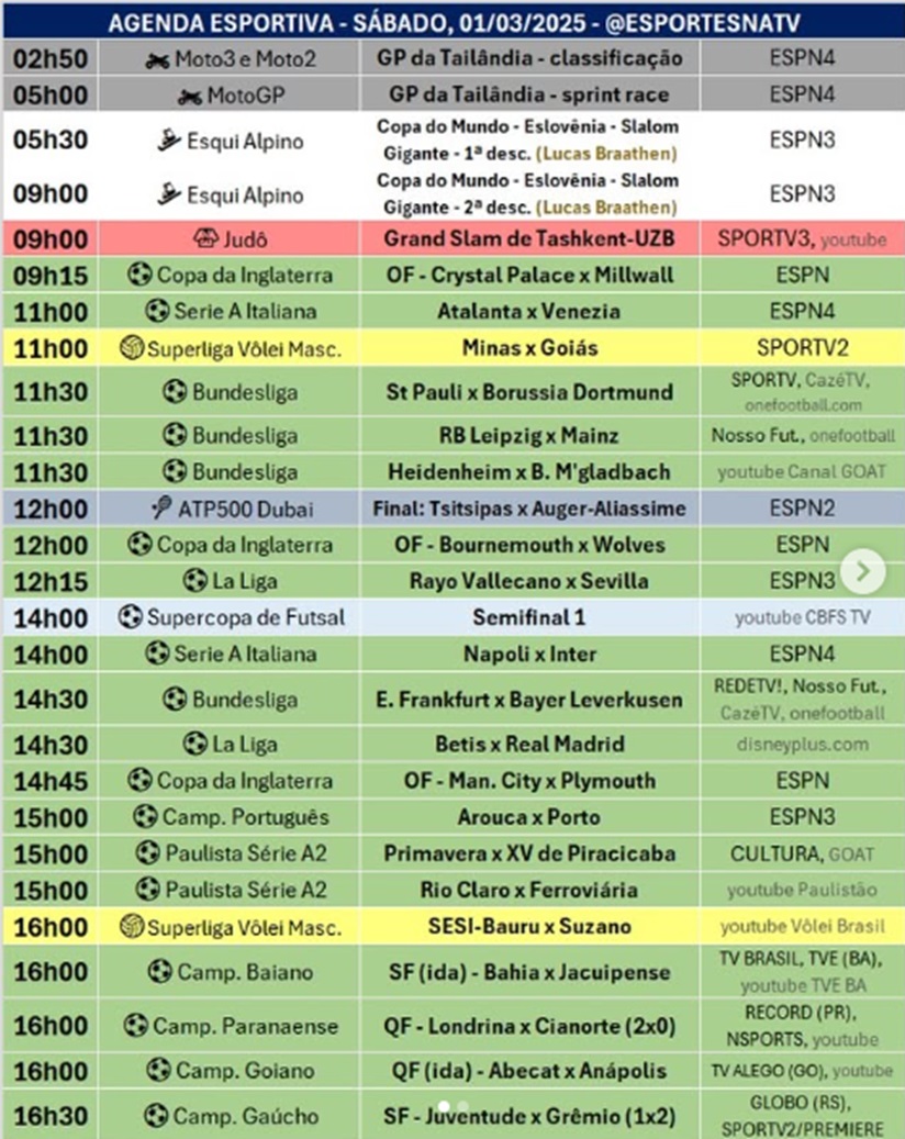 Confira a agenda esportiva mundial para esse sábado, 1º de março