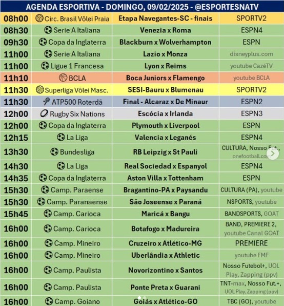 Confira a agenda esportiva mundial para esse domingo, 9 de fevereiro