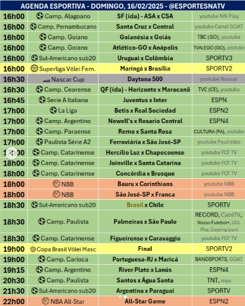 Confira a agenda esportiva mundial para esse domingo, 16 de fevereiro