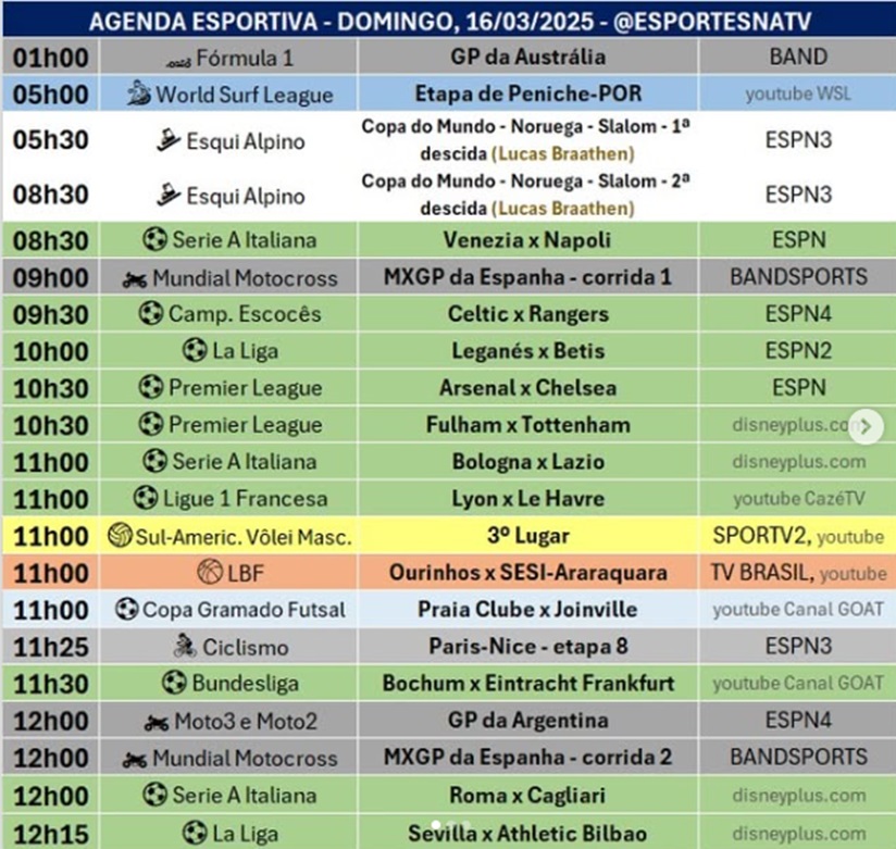 Confira a agenda esportiva mundial para esse domingo, 16 de março