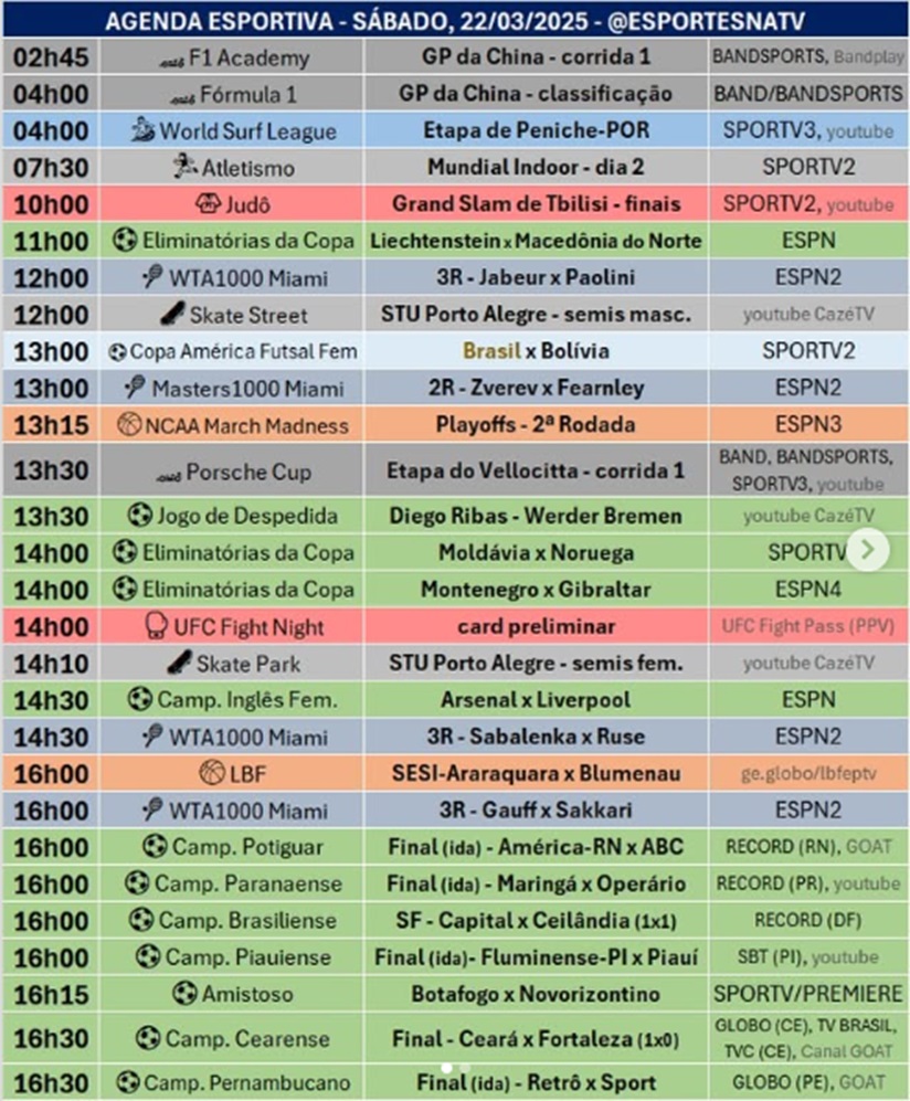 Confira a agenda esportiva mundial para esse sábado, 22 de março