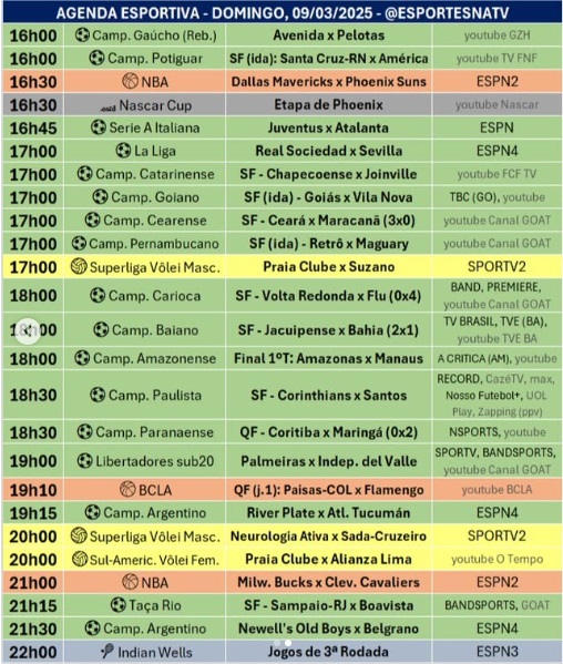 Confira a agenda esportiva mundial para esse domingo, 9 de março