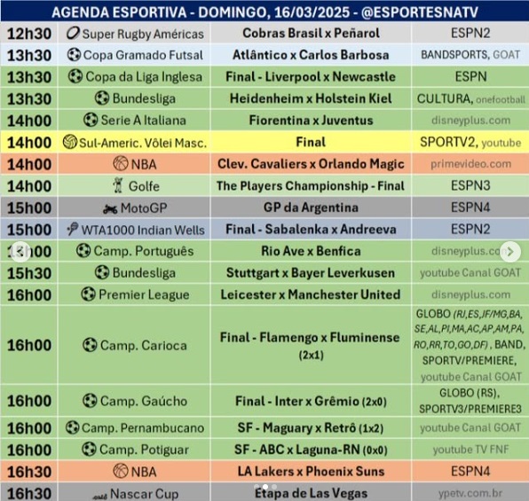 Confira a agenda esportiva mundial para esse domingo, 16 de março