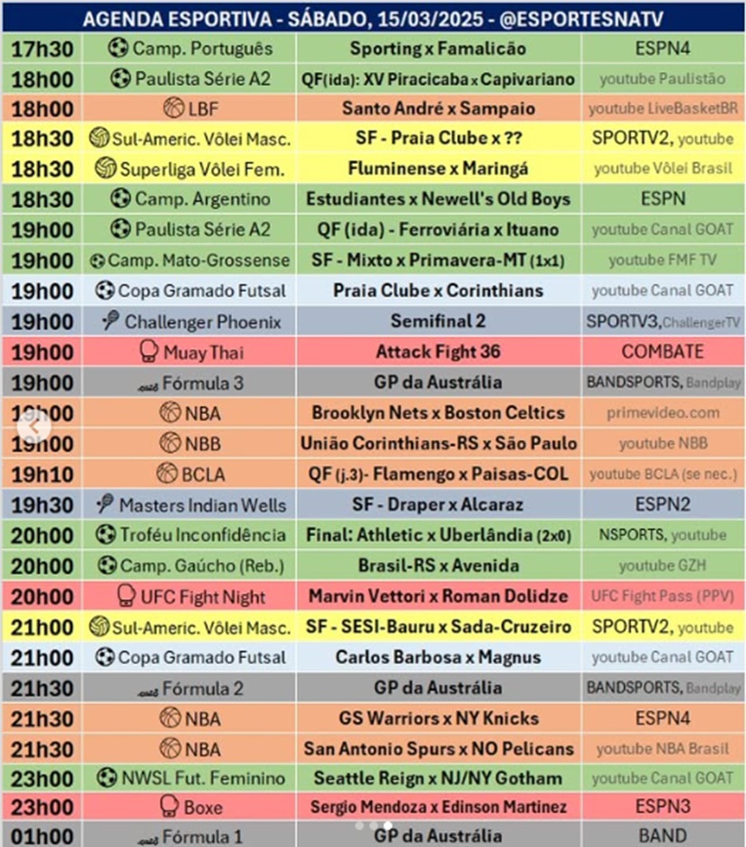 Confira a agenda esportiva mundial para esse sábado, 15 de março