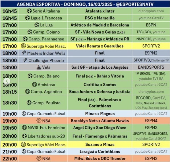 Confira a agenda esportiva mundial para esse domingo, 16 de março